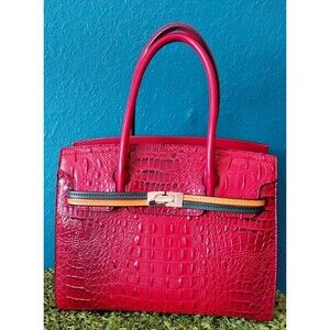 Faux Ostrich Handbag Shoulder bag Mezon Red w/ Snakeskin Accents